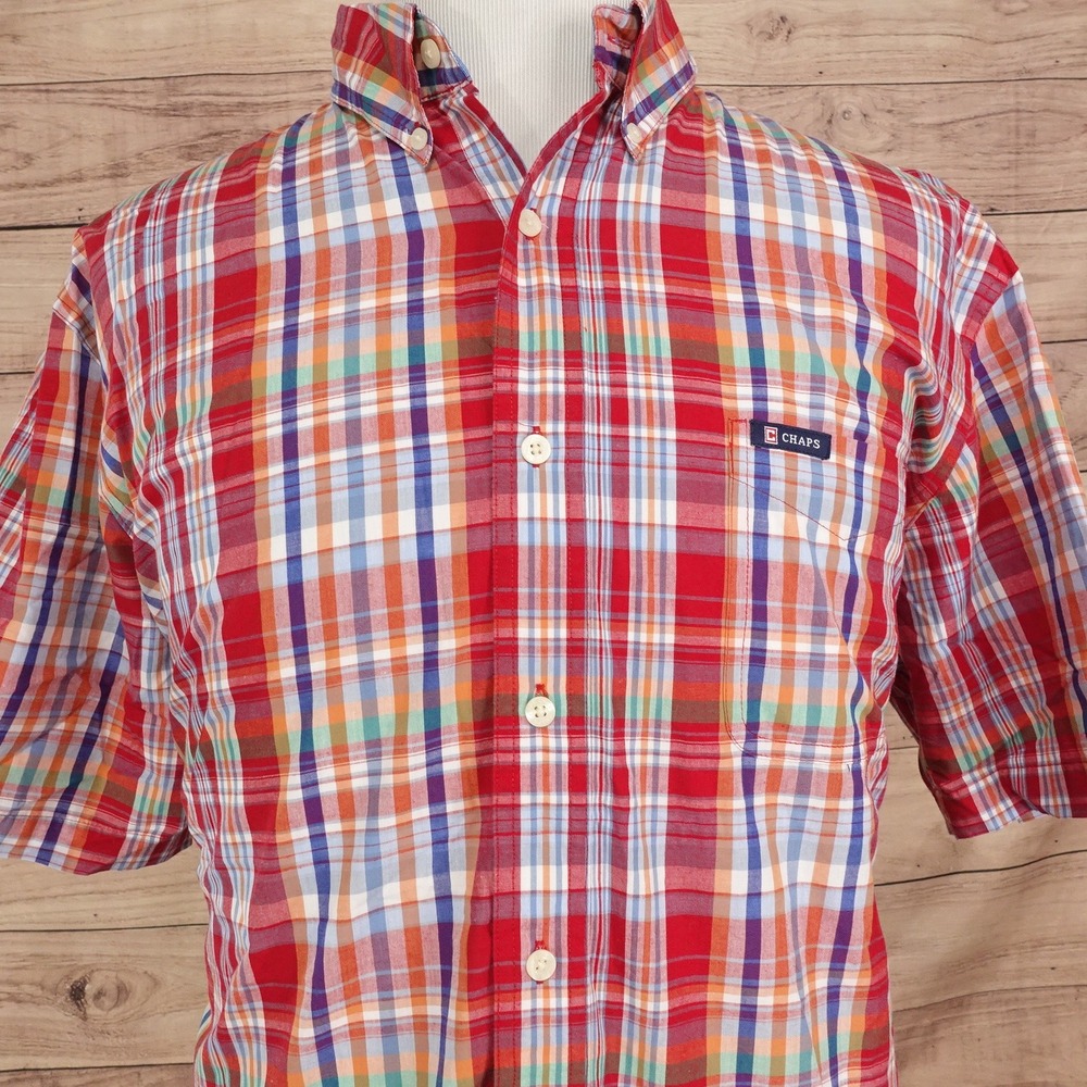 Chaps Button Down Shirt Mens XXL Red Plaid Short Sleeve Easy Care